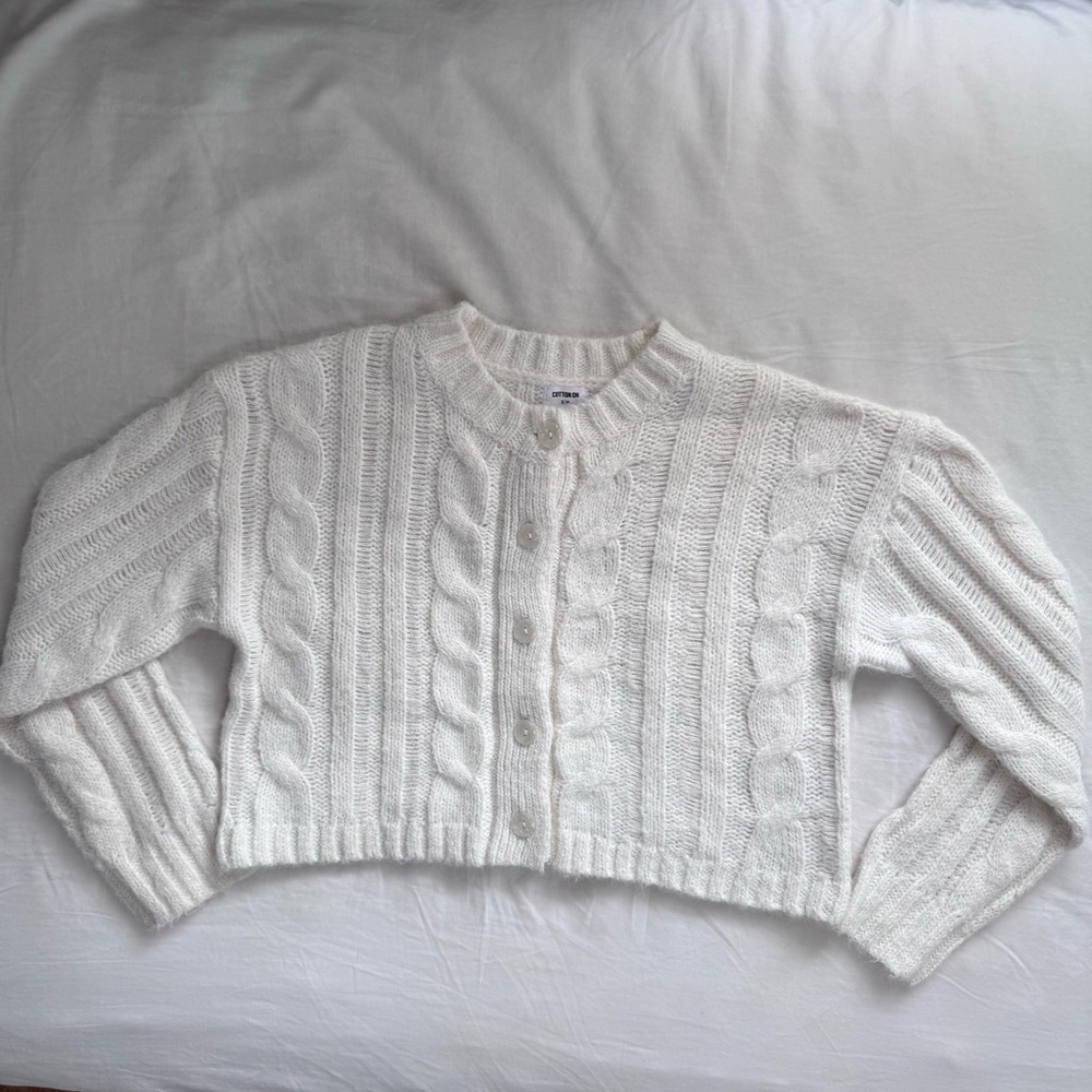 Cotton On White Mid Cable Crew Cardigan | Size S